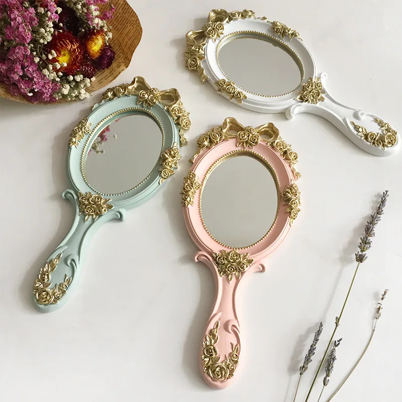 Rectangle Hand Hold Cosmetic Mirror with Handle Makeup Mirror Cute Creative Wooden Vintage Hand Mirrors Makeup Espelho 1Pc