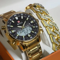 Men Watches Set Gold Men Dual Display Sports Watches With Golden Bracelet Top Brand Luxury relogio masculino Fashion Dropship