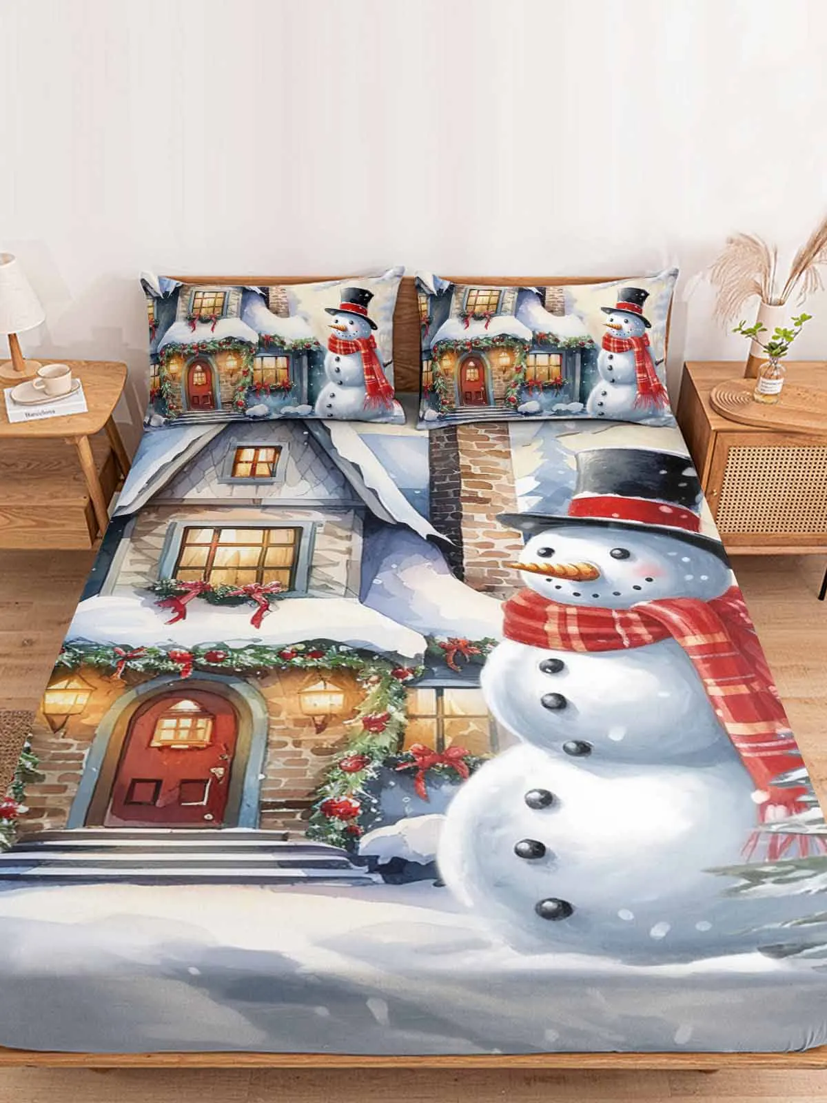 Christmas Snowy Scenery Snowman Snowflake Fitted Sheet Mattress Cover Four Corners Elastic Band Bed Sheet With Pilllowcase