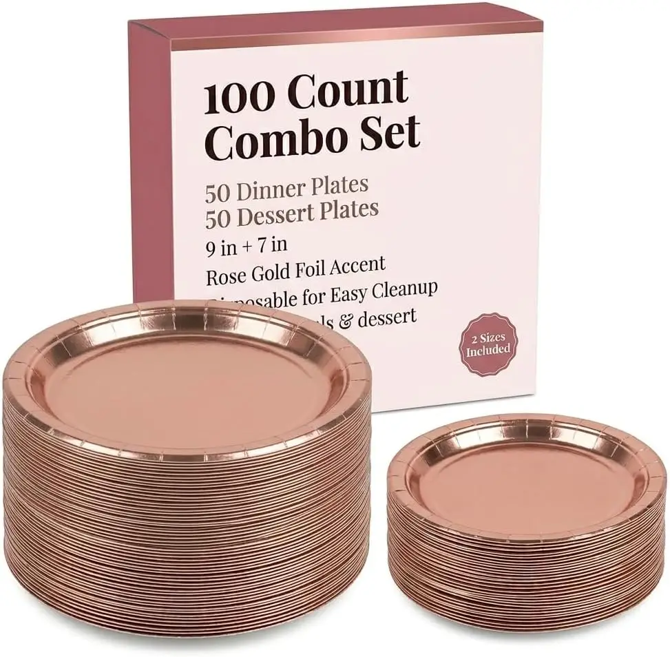 100 Count paper plates 50-9' Dinner Paper Plates, 50-7' Dessert Paper Plates Ideal for Birthday, Party, Retirement, Gender Revea