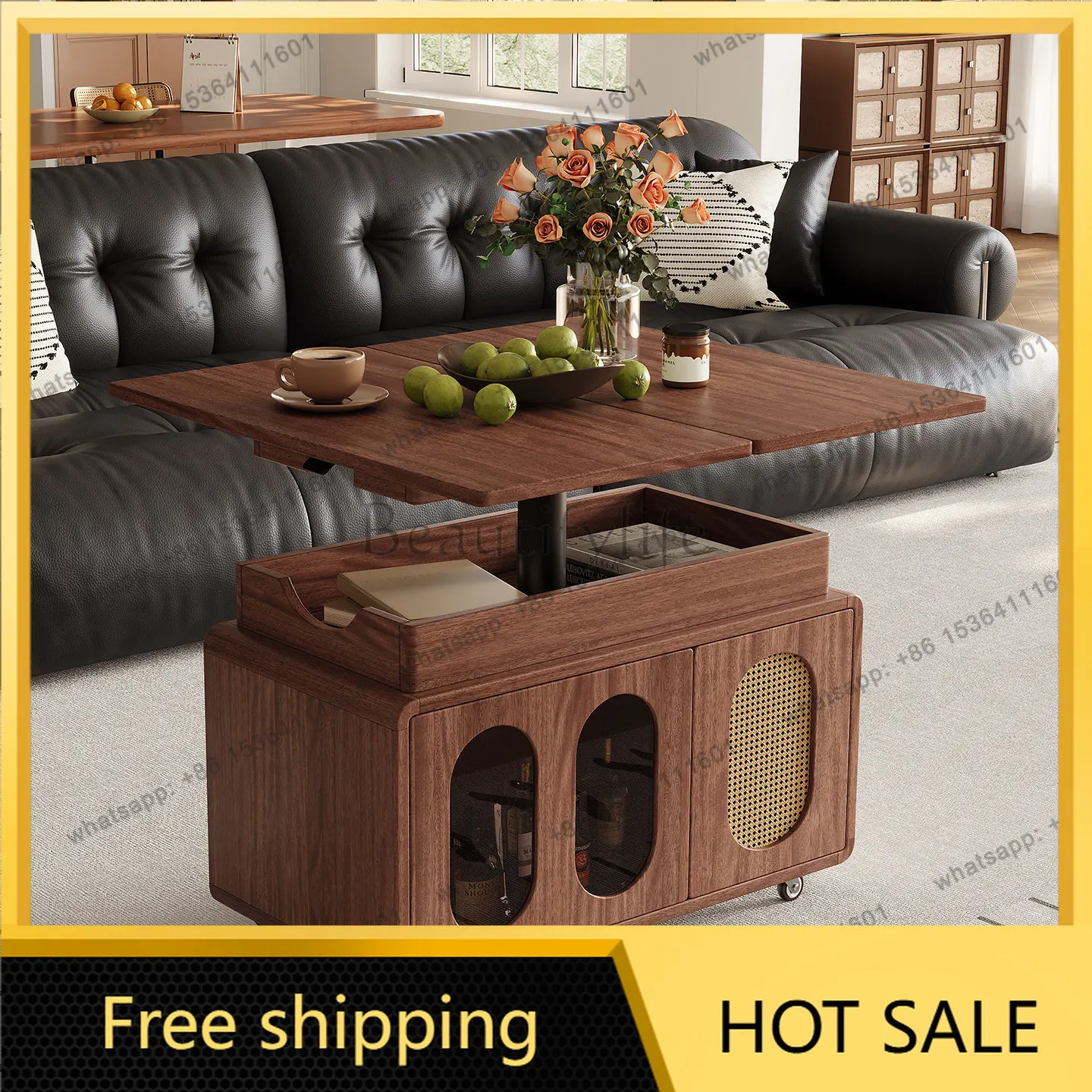 FG walnut all solid wood movable lifting folding coffee table living room cart sofa side table
