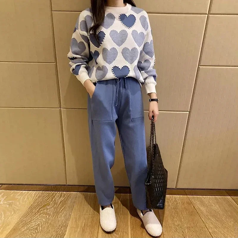 Love Printed Knit Two Peice Set Women Long Sleeve Sweater Pullover Tops Suits Casual Jogger Pants Conjunto Knitwear Korean Sets