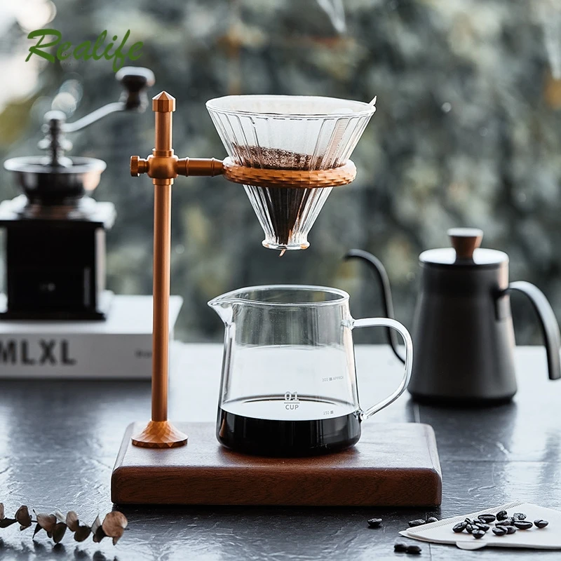 Realife Caffè preparato a mano Staffa in lega di alluminio Caffè retrò All'aperto Pentola preparata a mano Staffa per tazza con filtro in vetro Apparecchio antigoccia