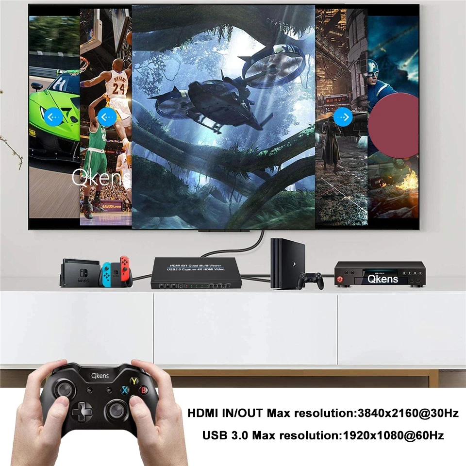 4K 4x1 HDMI Multiviewer with USB 3.0 Video Capture Card Grabber Seamless Switch for Camera Laptop PC Live Streaming 1080p Record