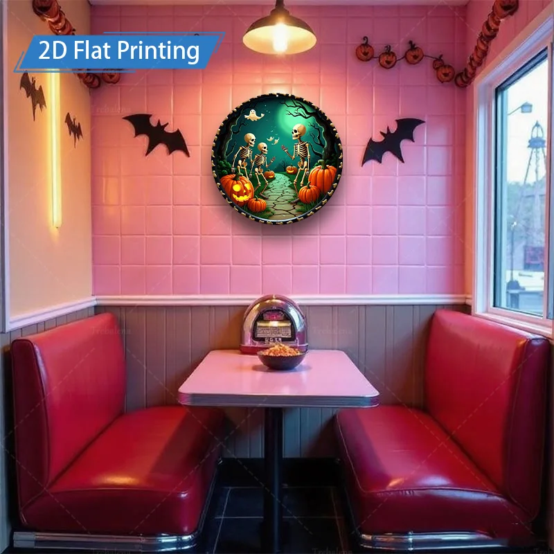 1 قطعة علامة معدنية ، 4x16 بوصة الهياكل العظمية للهالوين اليقطين التصحيح 2D الطباعة المسطحة المعادن جدار ديكور فني #5