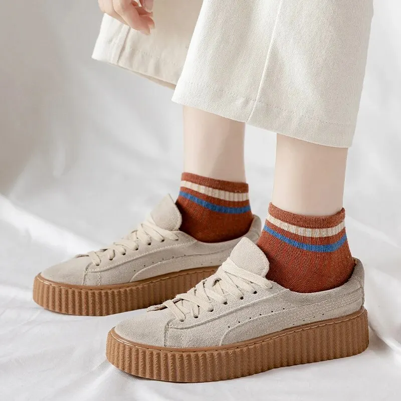 10 Pairs of Women\'s Spring and Summer Four-seasons Striped Solid Color Simple Fashionable and Comfortable School Students Socks