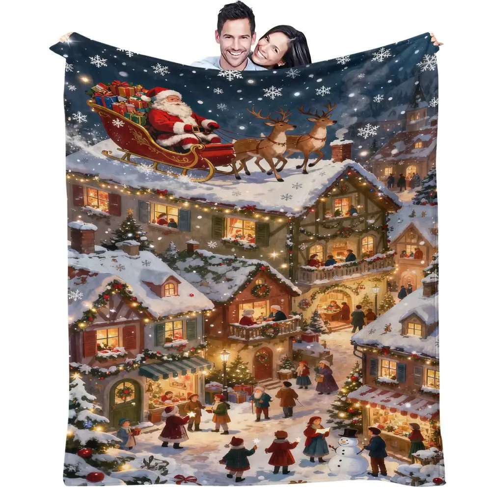 Santa Claus Print Flannel Blanket Throw Blanket Warm Gift Blanket Soft Digital Printed Fleece for Bed Sofa Holiday Decor