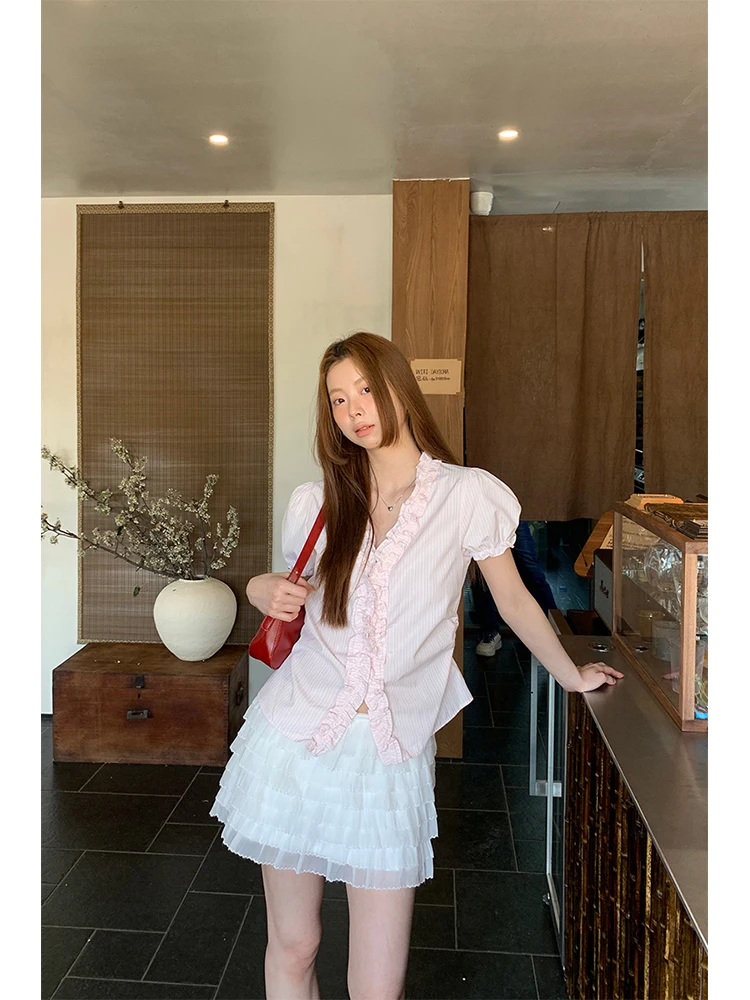 

Уникальный ort Sve irt для женщин с розовыми полосками, французский Sle V-Ne, обычный тонкий полиэстер, смесь хлопка, летний срок службы