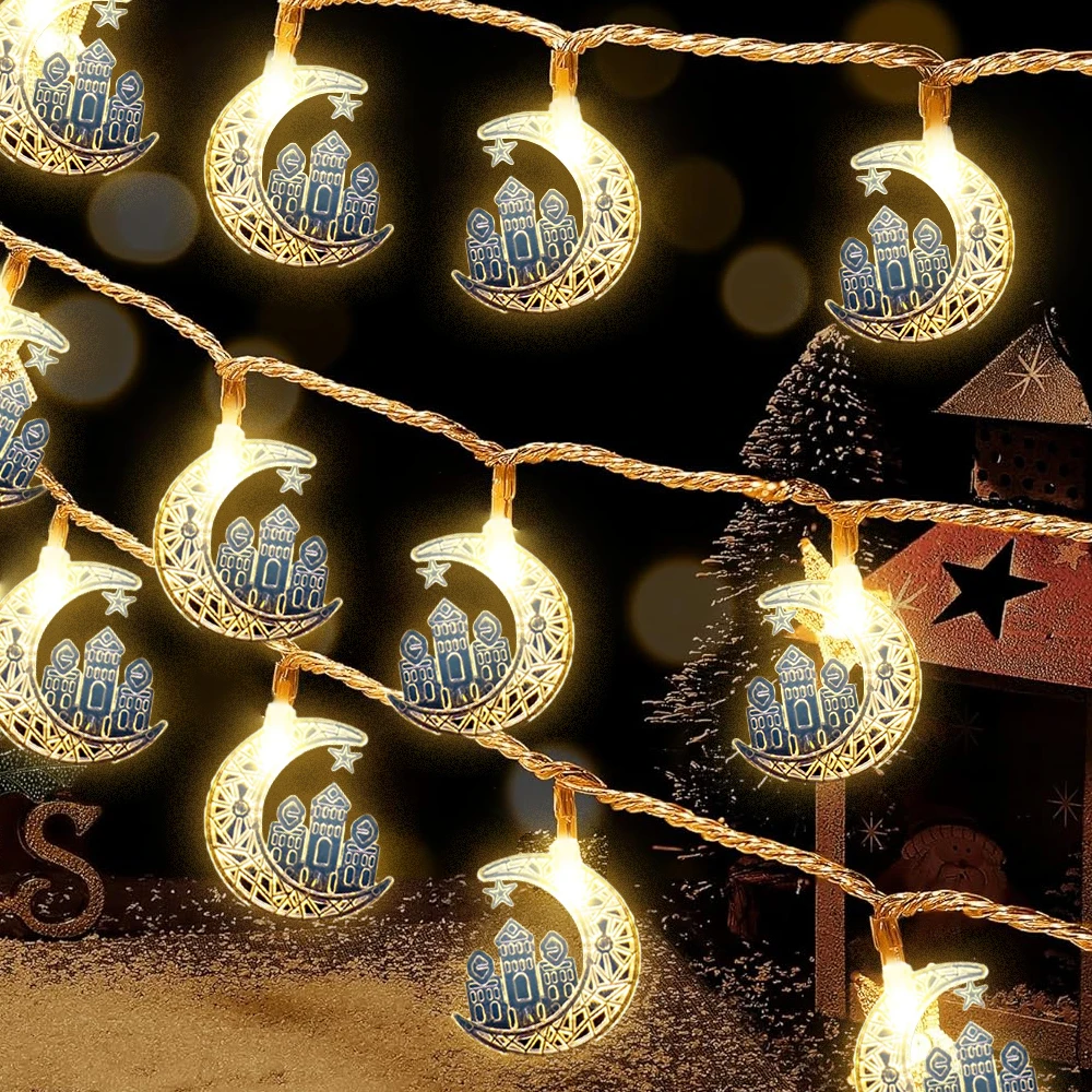 

Easter Eid Mubarak Fairy String Lights Ramadan Decorations Islamic Moon Castle Led Light Strips Garland for Home Outdoor Holiday