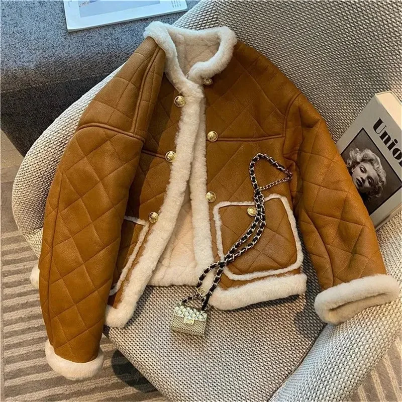 

Oversize Retro Wool Spliced Lamb Jacket High Quality Quilted Fried Street Jacket Coat Women's Fashion Fur Jacket Female Coat LA