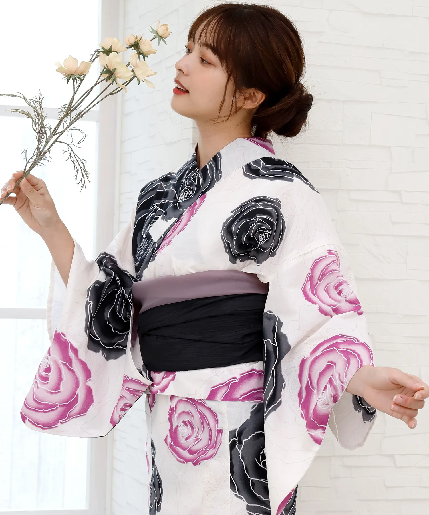 Traditional Yukata Kimono Cotton Linen Material Double Color Girl's Dress Rose Design Summer Fashion Ethnic Women's Clothing
