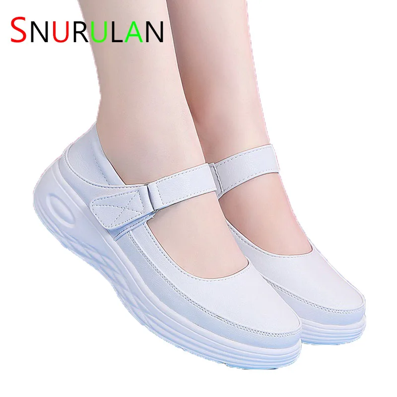 Women\'s Shoes Women Genuine Leather Sneakers Slip on Platform Wedges White Ladies Loafers Casual Flats Comfortable Nurse