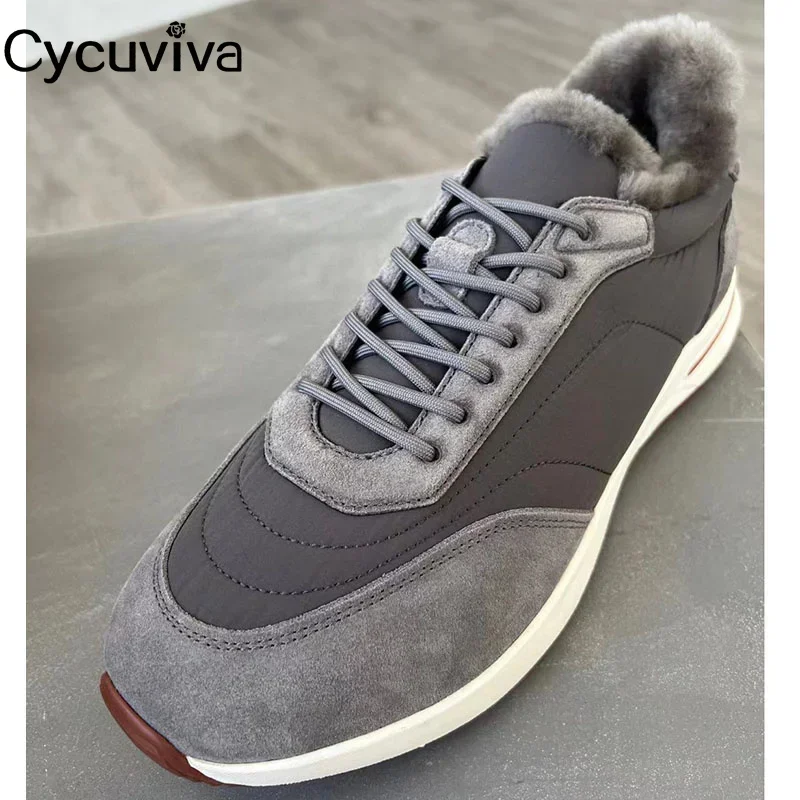 Hot Sale Winter Wool Flat Platform Men\'s Sneakers Suede Leather Tennis Shoes Warm Thick Sole Casual Fur Daddy Shoes Male