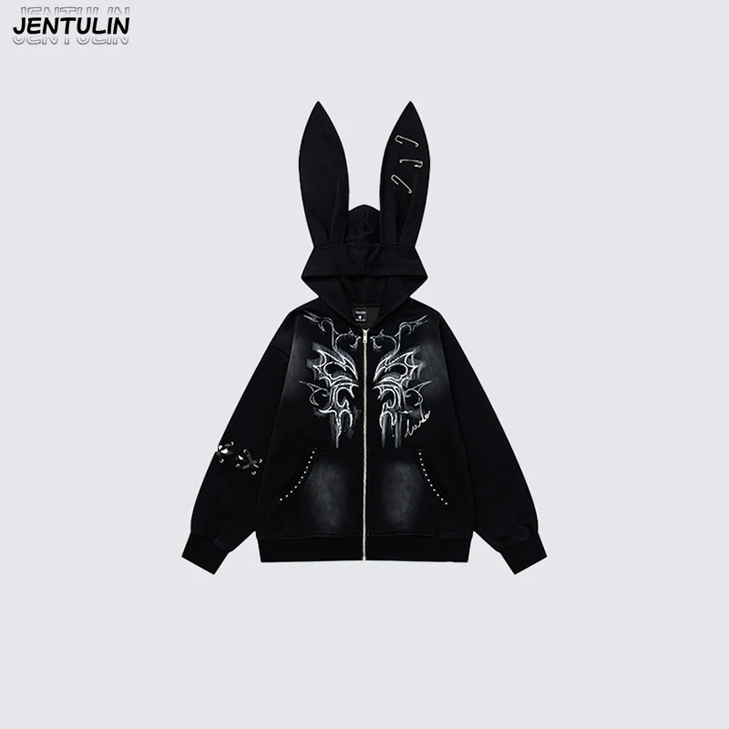Harajuku Y2K Unisex Kapuzenjacke mit Hasenohren, Dornen- und Schmetterlingsdruck, Nieten und Farbverlauf im Dark-Subkultur-Stil