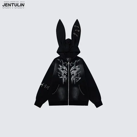 Harajuku Men Y2k Women Dark Subculture Rabbit Ear Hooded Jacket Thorny Butterfly Print Rivet Gradient Loose Hoodie Unisex