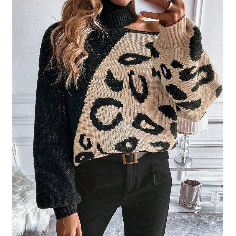 Pullover Knit Sweater Leopard Print Cut Out Sweater Winter Long Sleeve Warm Oversized Loose Sweaters Casual Pullovers Sweater