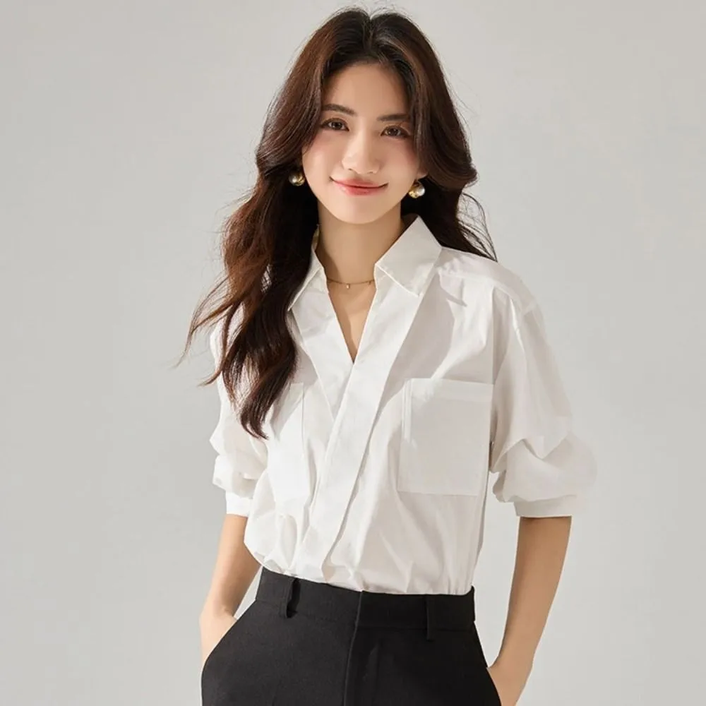 V-neck Long Sleeve Shirts Tops Loose Clothing Sleeves White Korean Style Blouse Short Slim Fit Simple Slim Buttons Shirts Travel