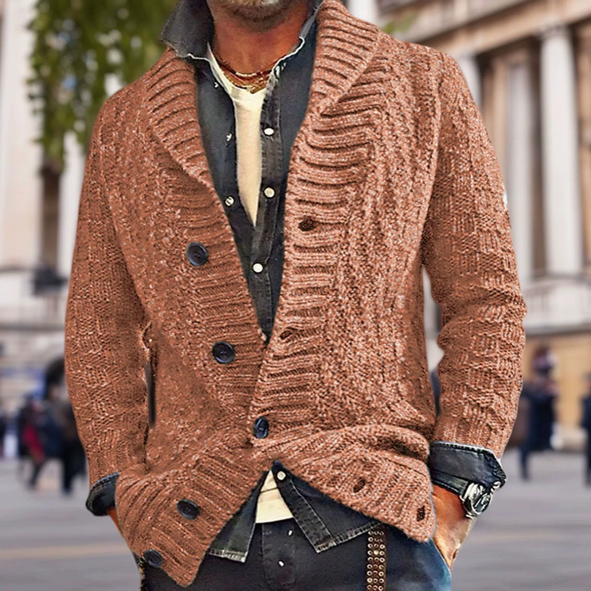 

New men's autumn and winter styles, long sleeved coarse needle elegant sweater, knitted sweater, lapel men's jacket, trendy