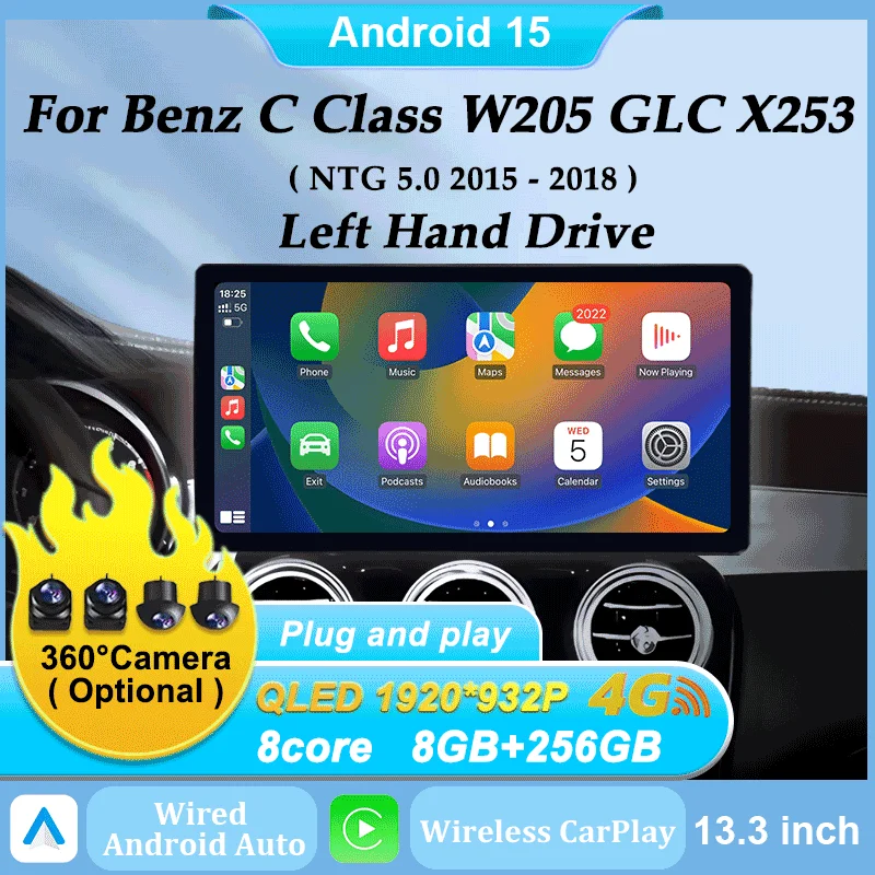 

Carplay Android 15 с левым рулем 13,3 дюйма для Benz C Class W205 GLC X253 V Class W447 2015-2018 Автомобильный радиоприемник GPS Navi WIFI BT