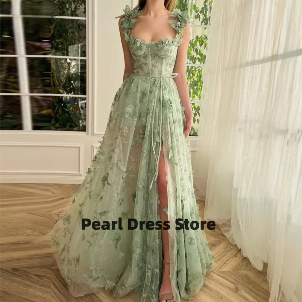 

Sage Green 3D Lace Butterfly Sweetheart Ball Dress 2023 Thin Shoulder A-line High Split Fairy Evening Dress