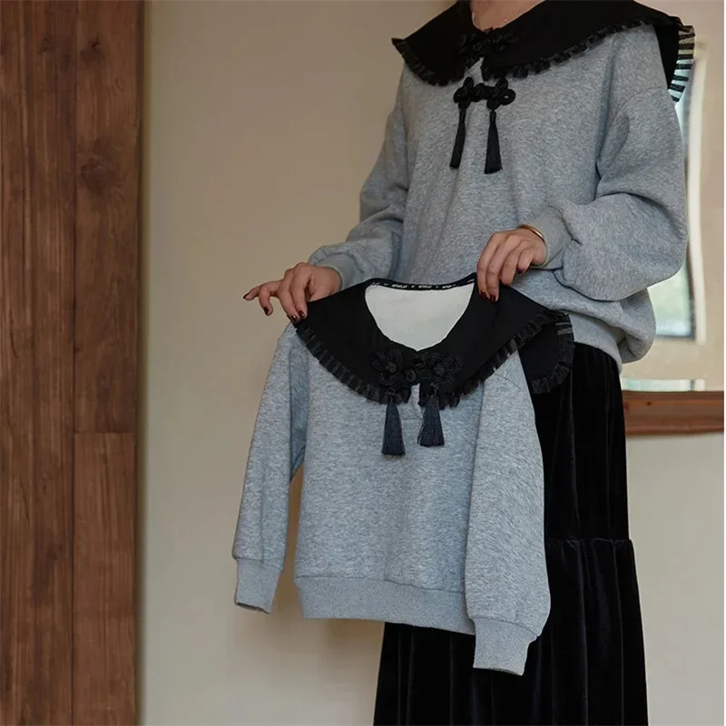Mom and Daughter Equal Big Peter Pan Collar Sweatshirts Winter Mother and Baby Girls Warm Thick Hoodies Women Long Sleeve Tops image 5