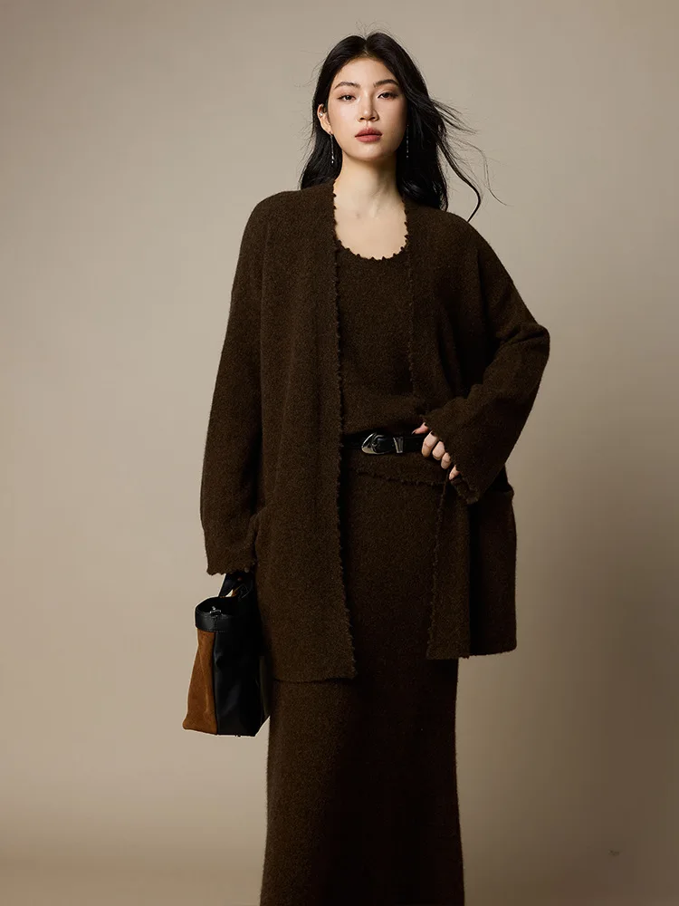 Birdtree, cárdigan de punto de mezcla de lana, chal elegante liso suelto para mujer, suéter de manga completa, abrigo informal de Otoño Invierno 2025 T5N201JF