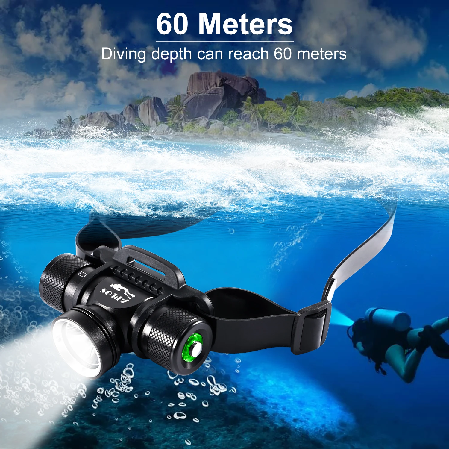 APLOS H900 LED Diving Headlamp 60 Meters Underwater Headlight 3000LM 5 Light Modes IPX8 Waterproof Dive HeadLight 21700 Light