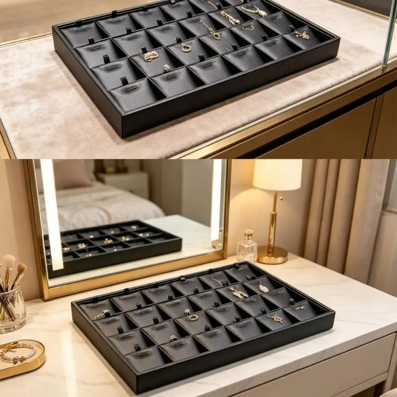 

Stylish Black Leather Jewelry Storage Tray Perfect For Necklaces Rings