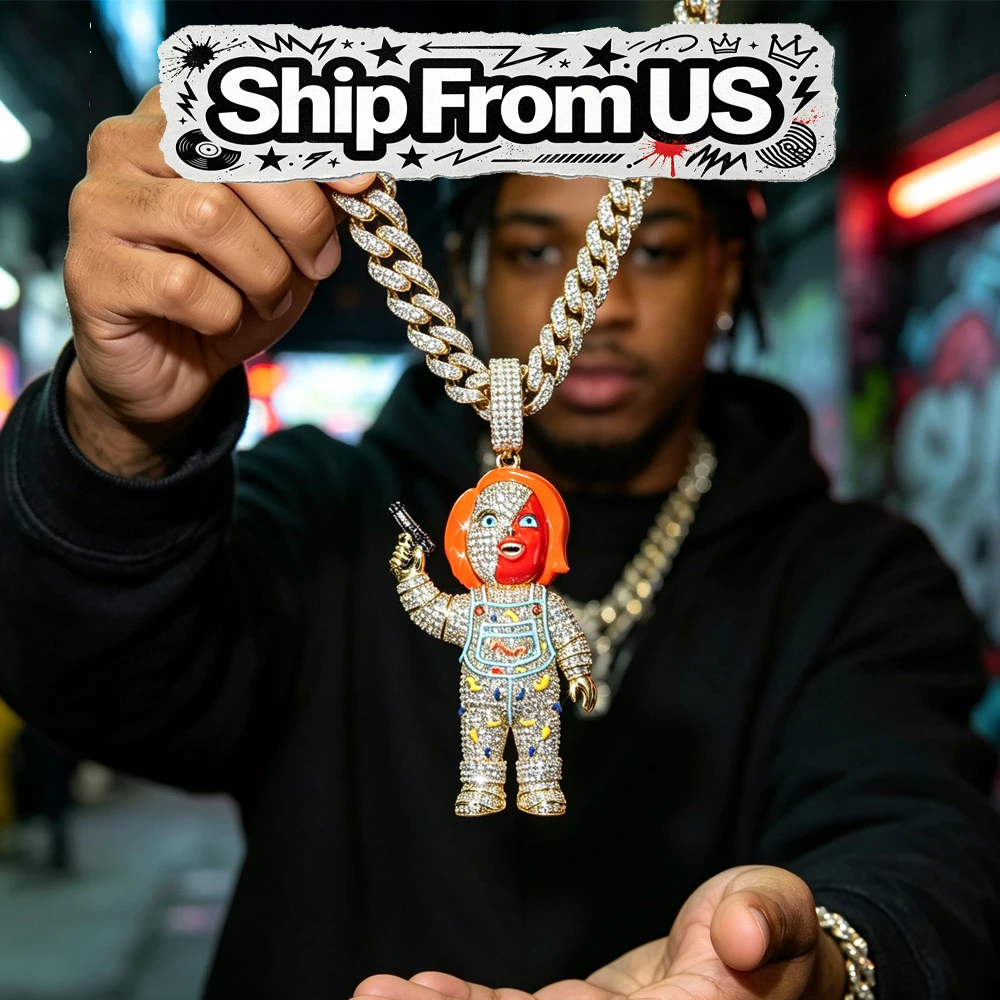 3D Icy Pendants Fine Jewelry Gifts for Men Boy Friends Charms For Male Rappers Street Bold Iced Out Man with Gun Pendant Micro Pave Cubic Zirconia Enamel Bloody Hand Gun Figure 18K Gold Electroplated Cuban Chain Hip Hop Necklace Bling Character Jewelry