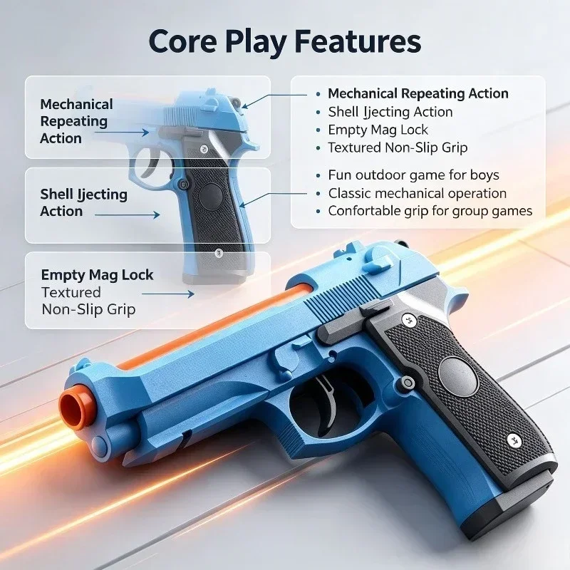 M9A3 Shape Shell Ejecting Soft Dart Toy Shooter, Mechanical Cycling Function, Empty Mag Stop, Outdoor Activity Gift for Boys