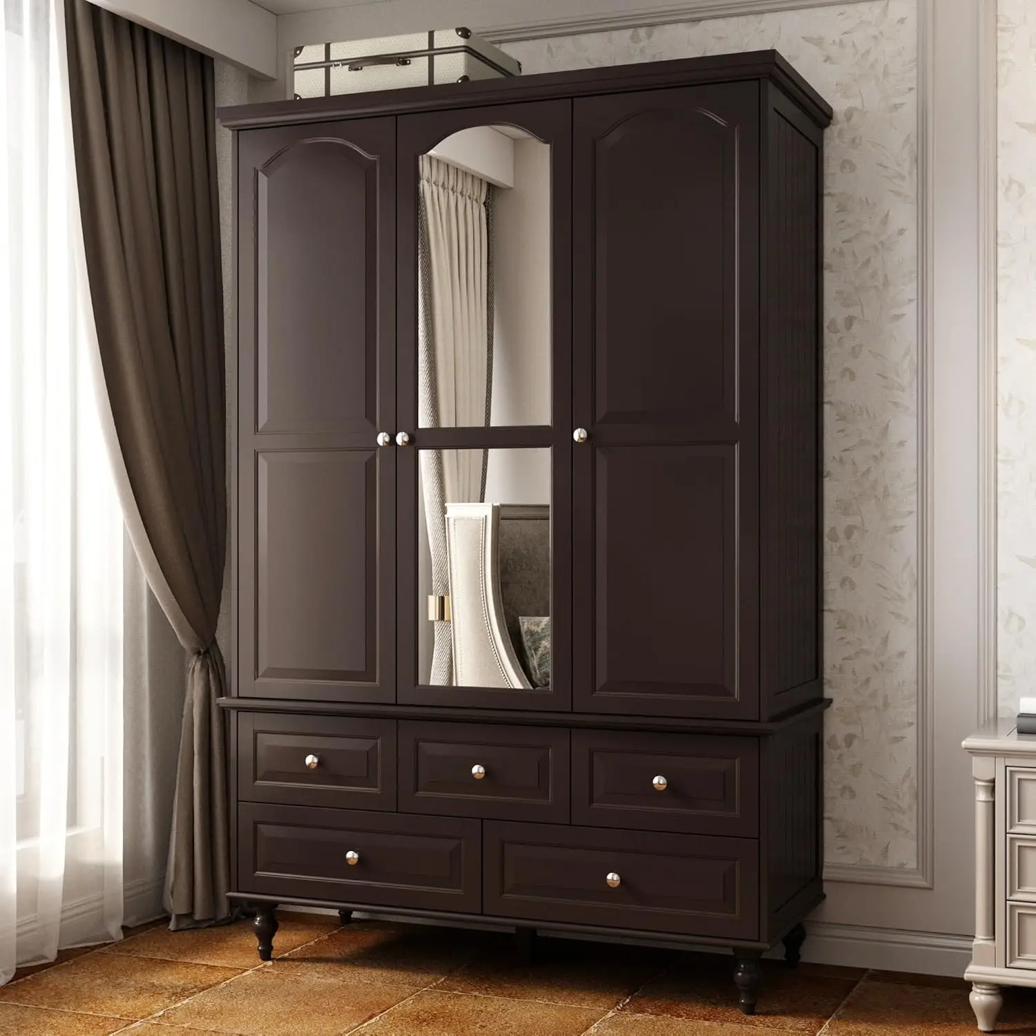 Black Brown Wardrobe Armoire Wooden Closet with Mirror, 5 Drawers, 3 Doors & Shelves, 4-Tier Storage Cubes and, Customized