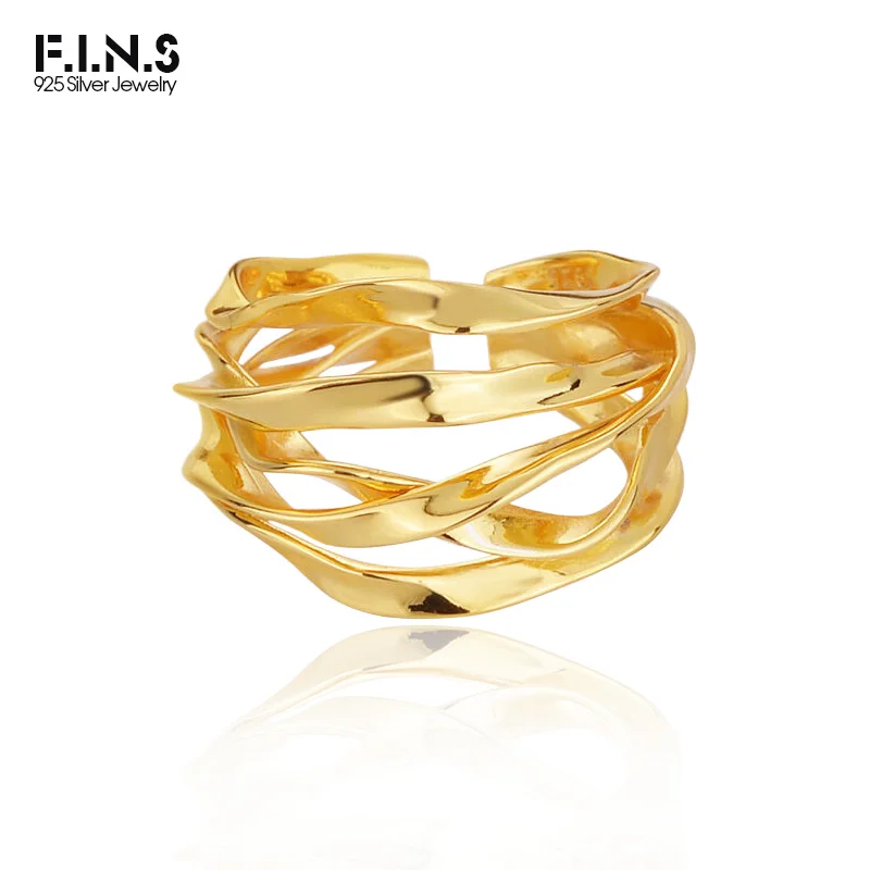 F.I.N.S Korean S925 Sterling Silver Gold Wide Hollow Mobius Open Ring Irregular Lines Glossy Index Mid Finger Fine Jewelry Gift