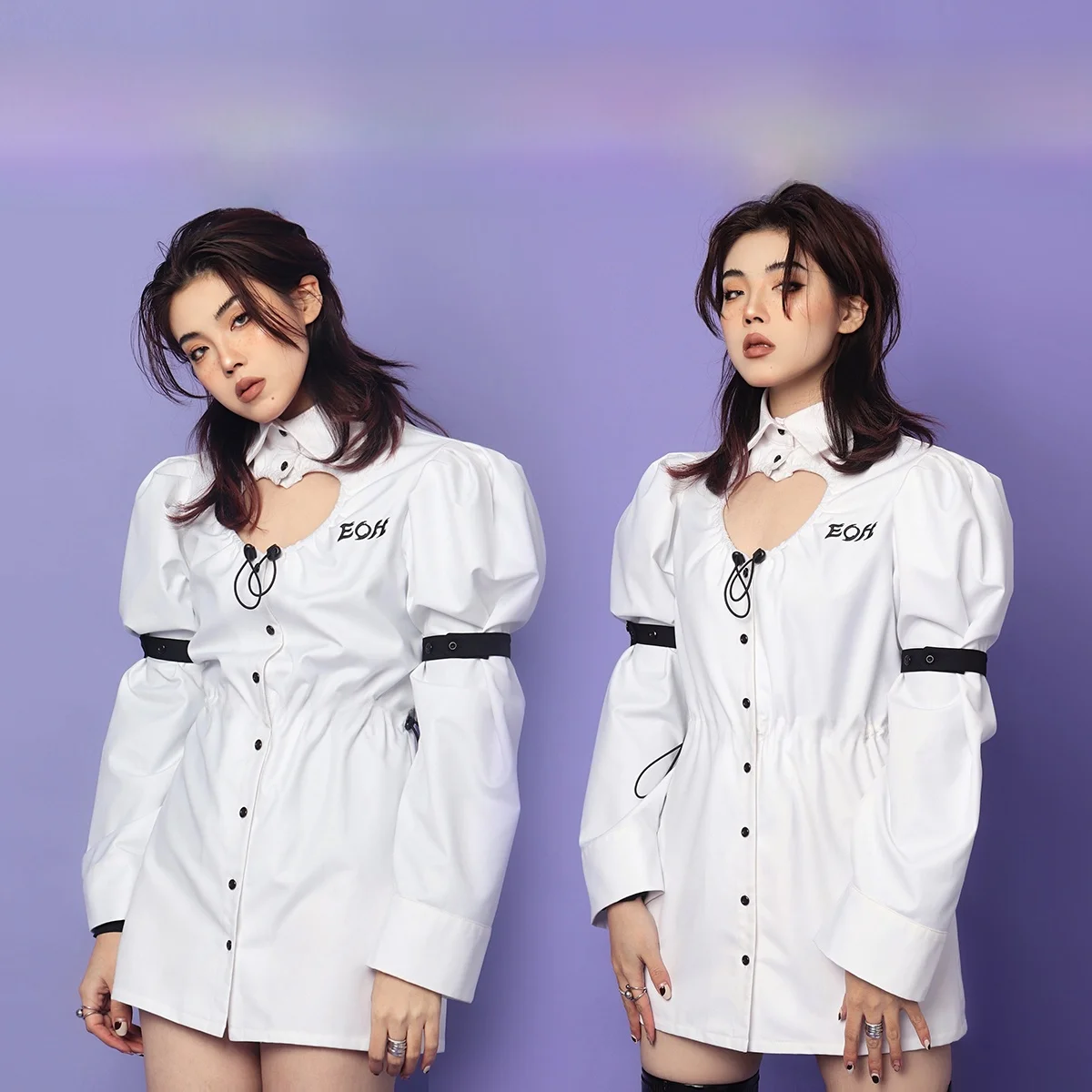 

Original Design EOH Heart aped Hollow out Gathered Waist Slimming Fairy White Dr Bubble Sve Tie irt Women's Faion