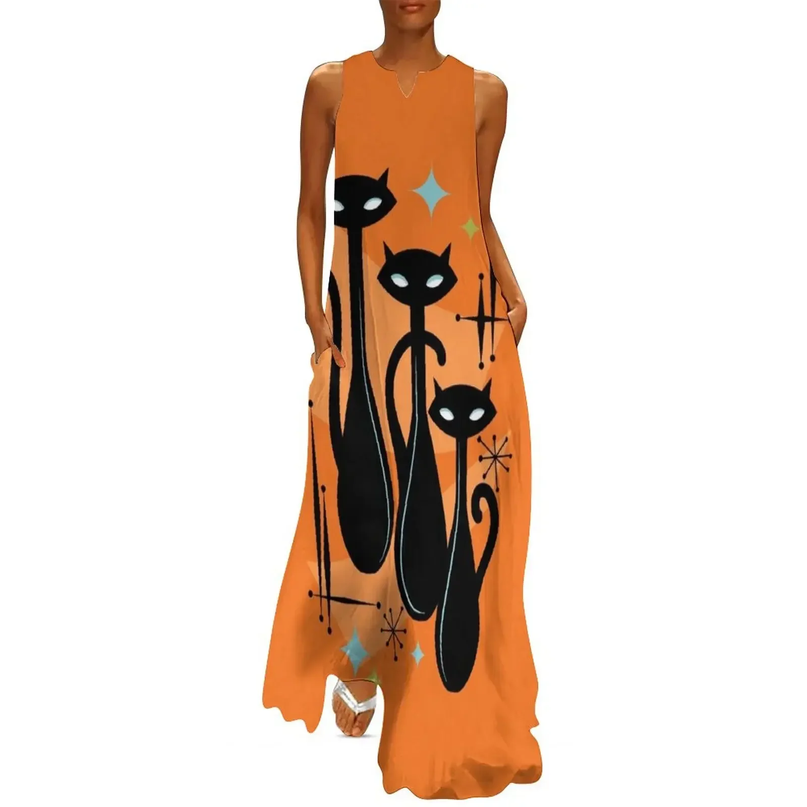 

Effervescent Orange Atomic Age Black Kitschy Cat Trio Long Dress beach dress Dress