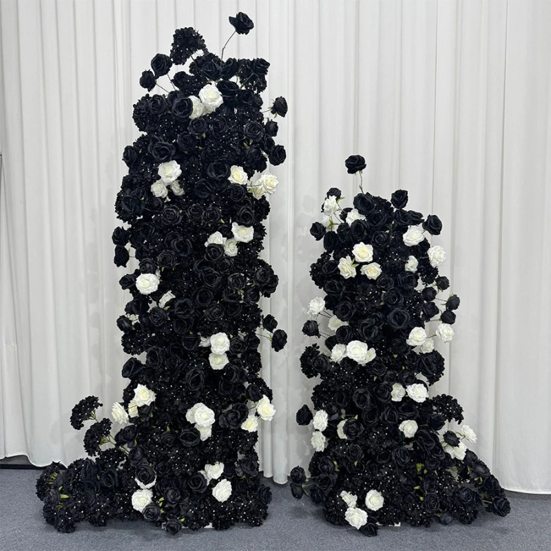 

Wedding black and white rose arch dark stage background silk flower proposal arrangement props