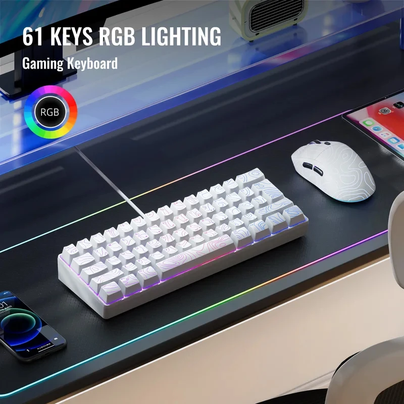 60% gaming keyboard, numeric keypad and mouse set. The mini gaming keyboard has 61 keys and features true RGB backlighting