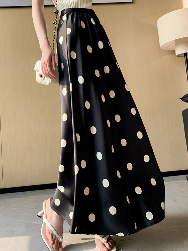 2024 Summer New Satin Long Skirt For Women's Clothing Elastic High Waist Retro Loose Versatile Polka Dot Midlength Skirts Lady