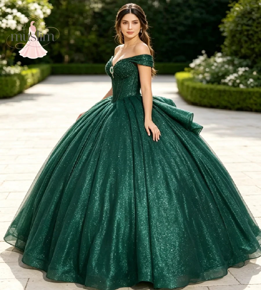 Emerald Green Quinceanera Dresses Off Shoulder Corset Back Glitter Tulle Ball Gown  Vestidos De 15 Años Beaded Party Customized
