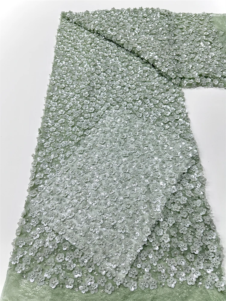 

Green African Beaded Tulle Lace Fabric 2025 High Quality Luxury French Nigerian Sequins Mesh Tulle Lace for Party Dress Sewing