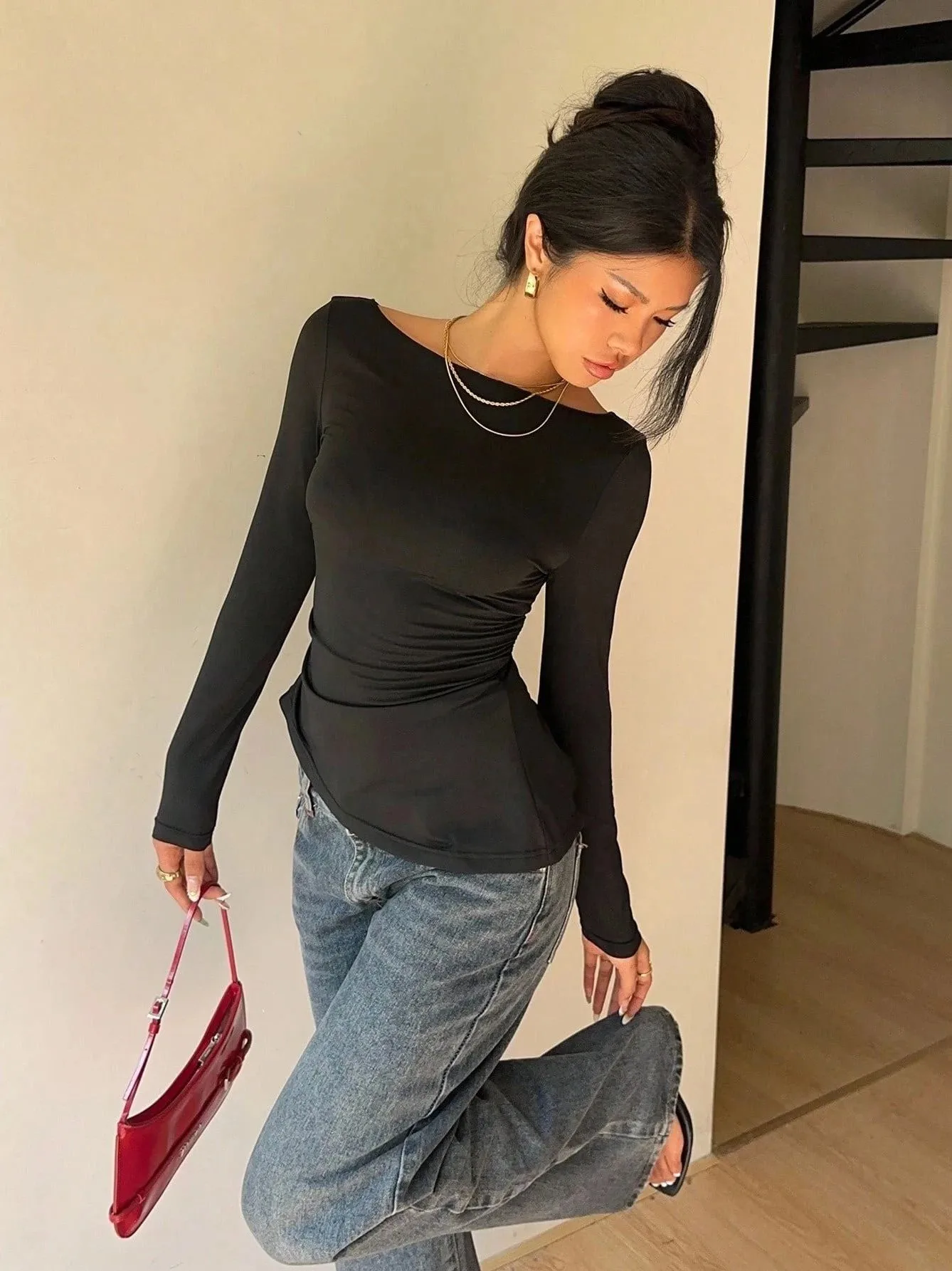 Pure Color Long Sleeve Waist Cinching Top Women's Standard Fit T-shirt Polyester Spring Summer Casual V-neck No Hat Lace