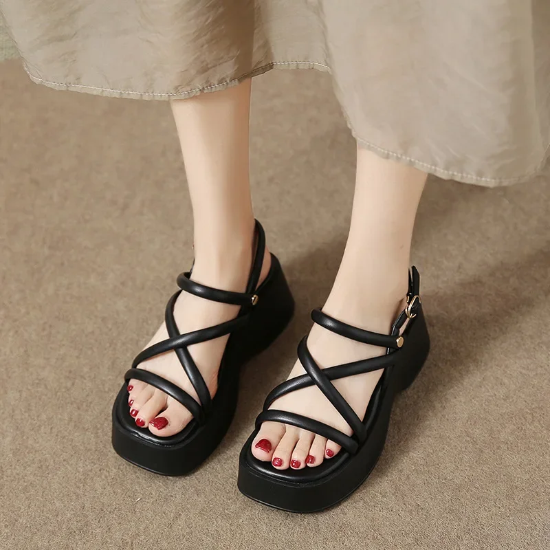 Design Open Toe Women Sandals Summer Fashion Narrow Band Dress Shoes Platform Wedges Heel Ladies Ankle Strap Gladiator Sandalias