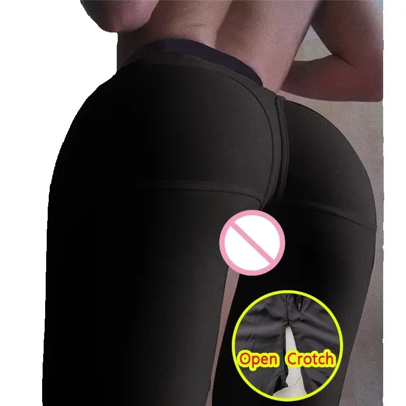 Woman Sexy Open Crotch Leggings Sport Eastic Booty Lift Crotchless Pants Outdoor Sex Seamless Zipper 3D Sewing Workout Panties