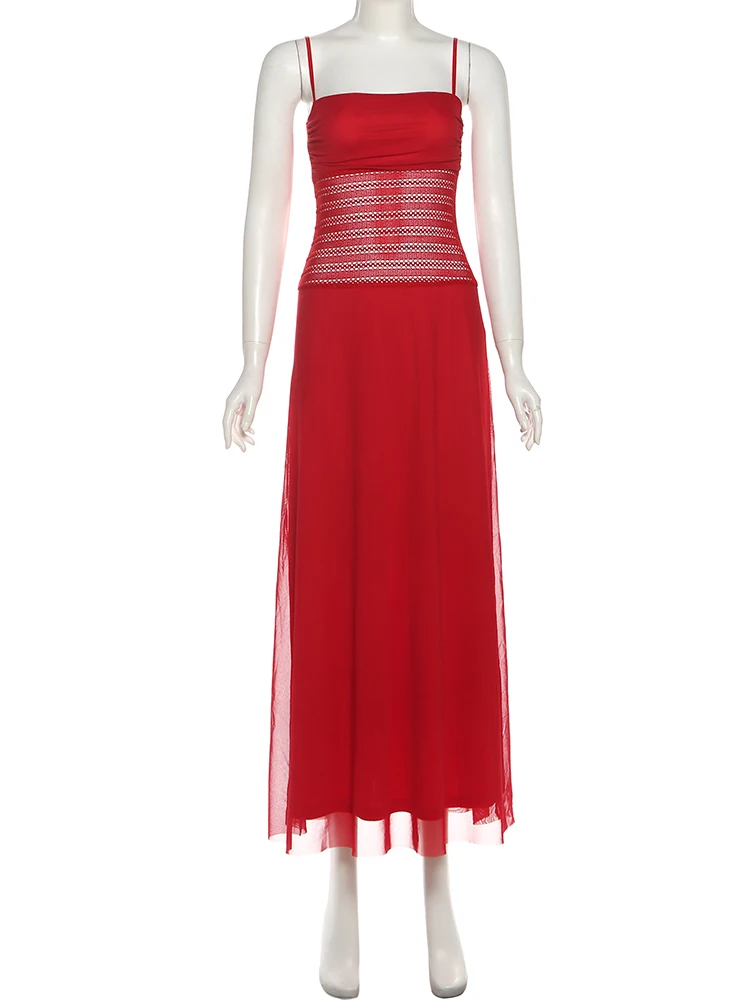 Sukienka Nibber Hollow Maxi Damska Bez Rękawów Z Marszczeniami, Łączona Siateczką, Z Dekoltem, Dopasowana, Elegancka, Idealna na Wakacje, Plażę, Imprezę, Modna Sukienka Vestidos