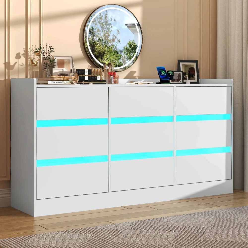 

9 Drawer Dresser with Power Outlet, 63" Dresser with LED Light, Wooden Dressers For Closet, Chest of Drawers with Raised Edges