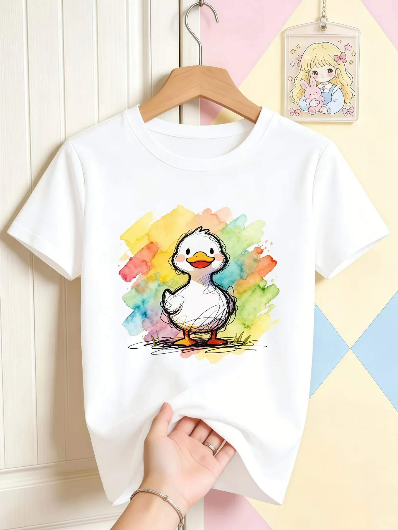Kids White Short Sleeve T Shirt Cute Watercolor Sketch Duck Print Crew Neck Boys Girls Casual Summer Basic Daily Tee Top