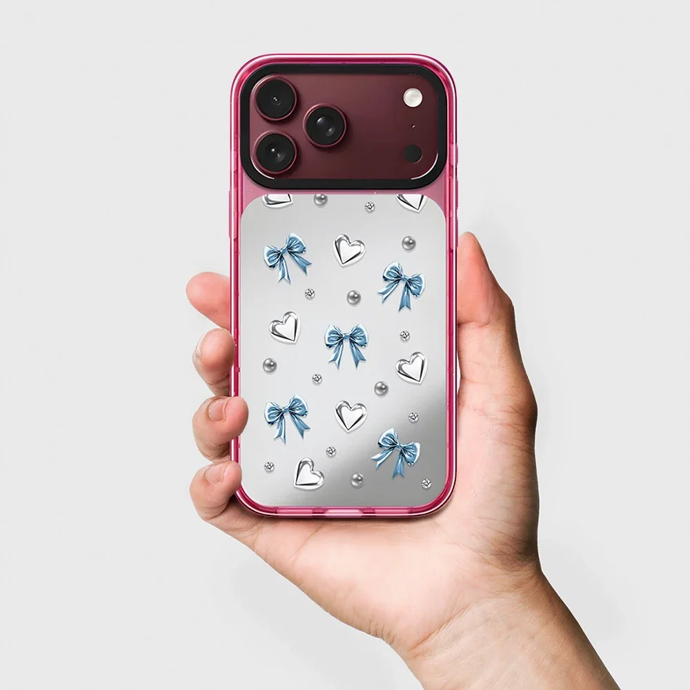 Simple Silver Heart Bow Impact Case - Mirror / Glaze Magnetic Cover: Compatible with IPhone 18 17 Pro Max 18Pro