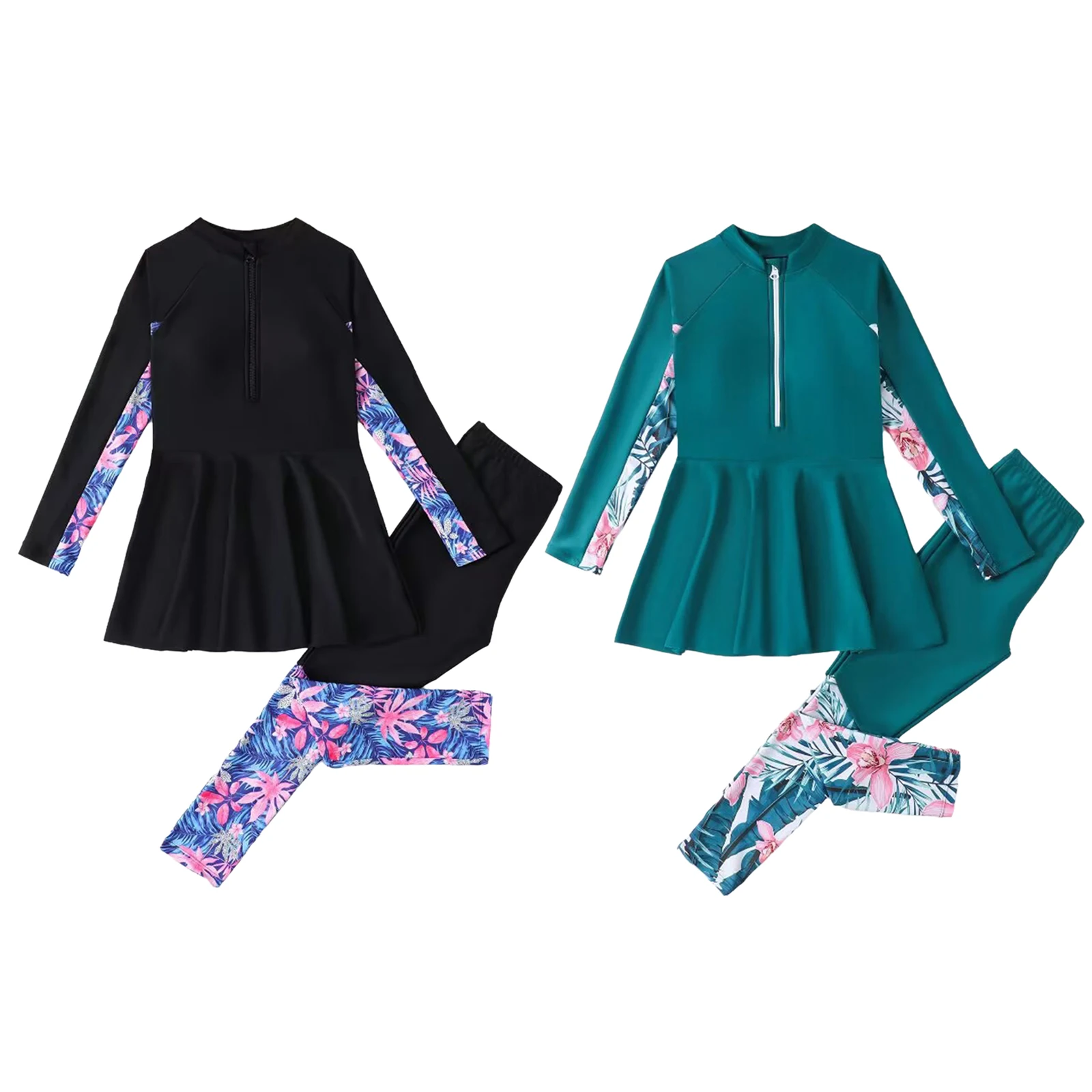 

Kids Girls Long Sleeve Rash Swimsuit Rash Guard Set Flower Print Swimwear with Pants Tropical Sun Protection Cover Bathing Suit