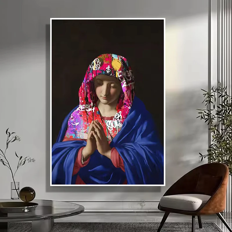 Graffiti arte Virgen María impresión de carteles Banksy pinturas en lienzo arte callejero surrealista imágenes de pared para sala de estar decoración del hogar