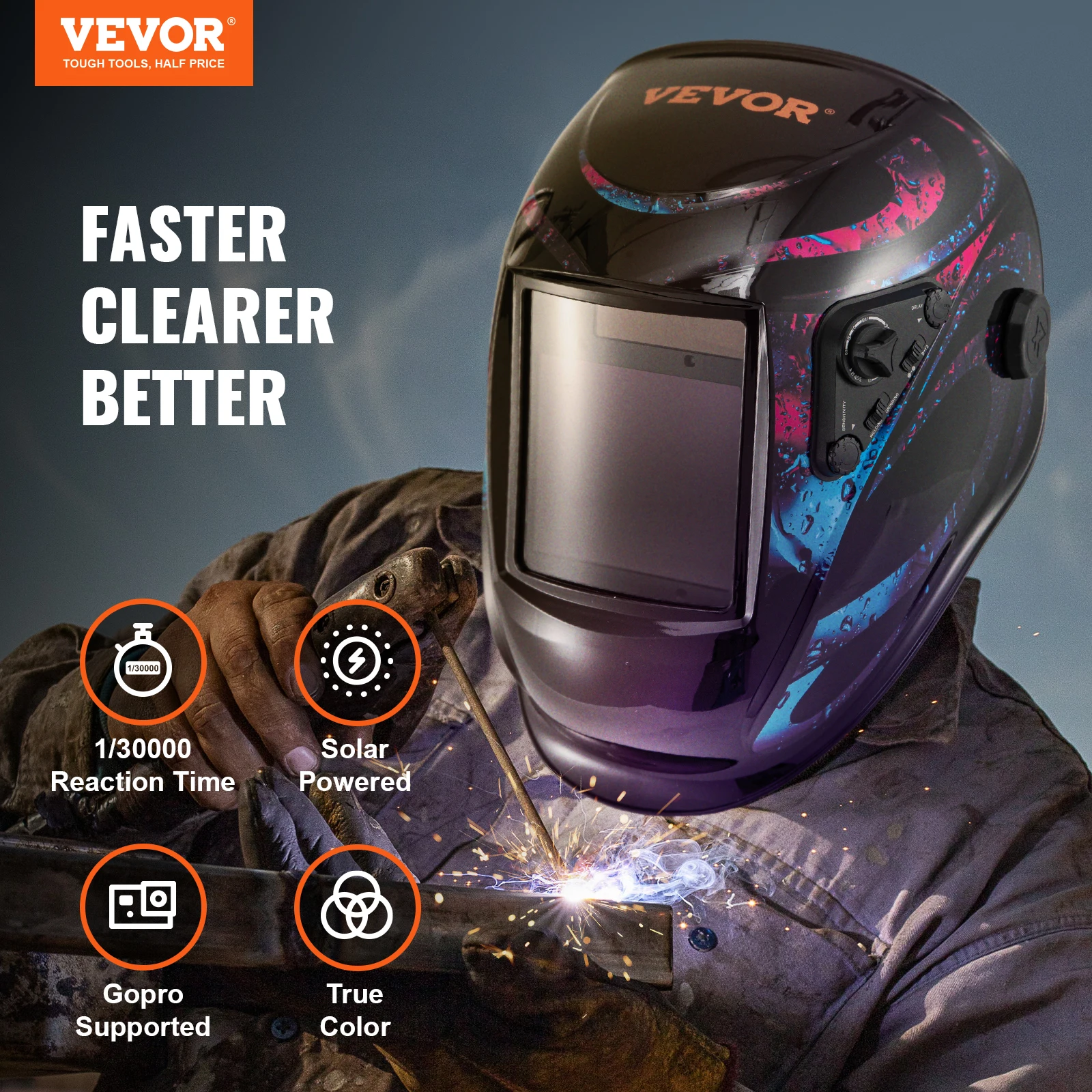 VEVOR True Color Solar Powered Welding Helmet Auto Darkening Mask Hood 4 Arc Sensor Wide Shade for TIG MIG ARC Welding Machine