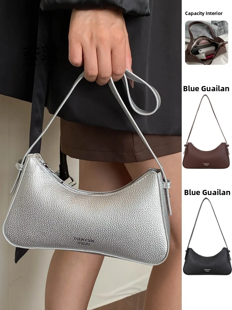 

Chic Silver Lychee Pattern Underarm Bag Women's Single oulder Bag Versatile Handbag Sli Trendy Design Guali Brand
